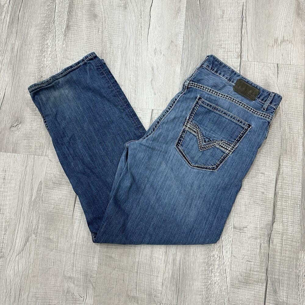BKE Jeans Seth Straight Leg Men's 40R (40x31) Distressed Whiskers Stretch Blue